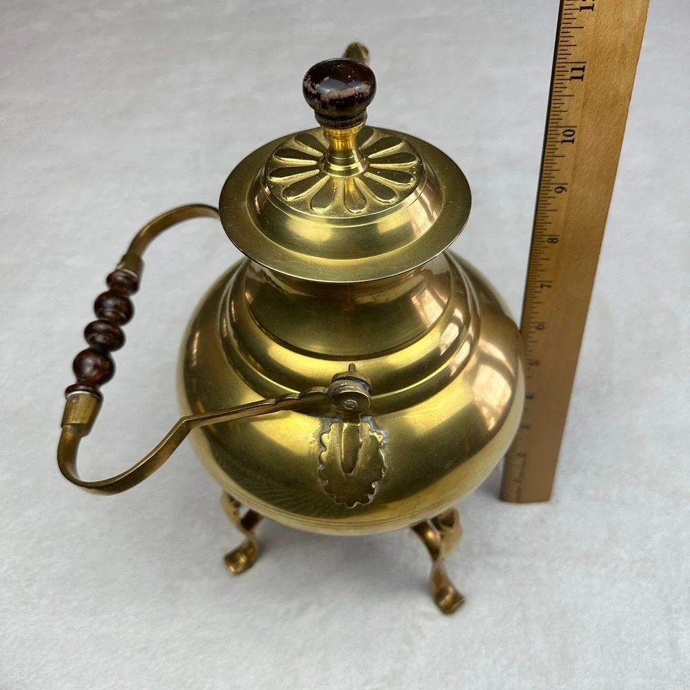 Vintage 70s Brass Teapot with Wooden Handle and‎ Stand Decorative Kettle